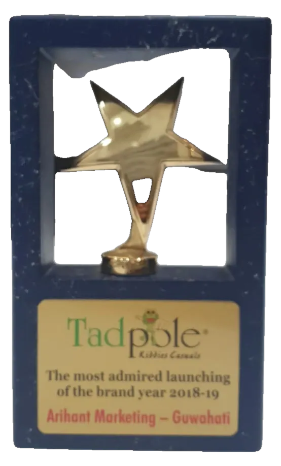 Tadpole trophy naming Arihant Marketing, Guwahati, the most admired launch of the brand year 2018-19: a gold star in a blue frame